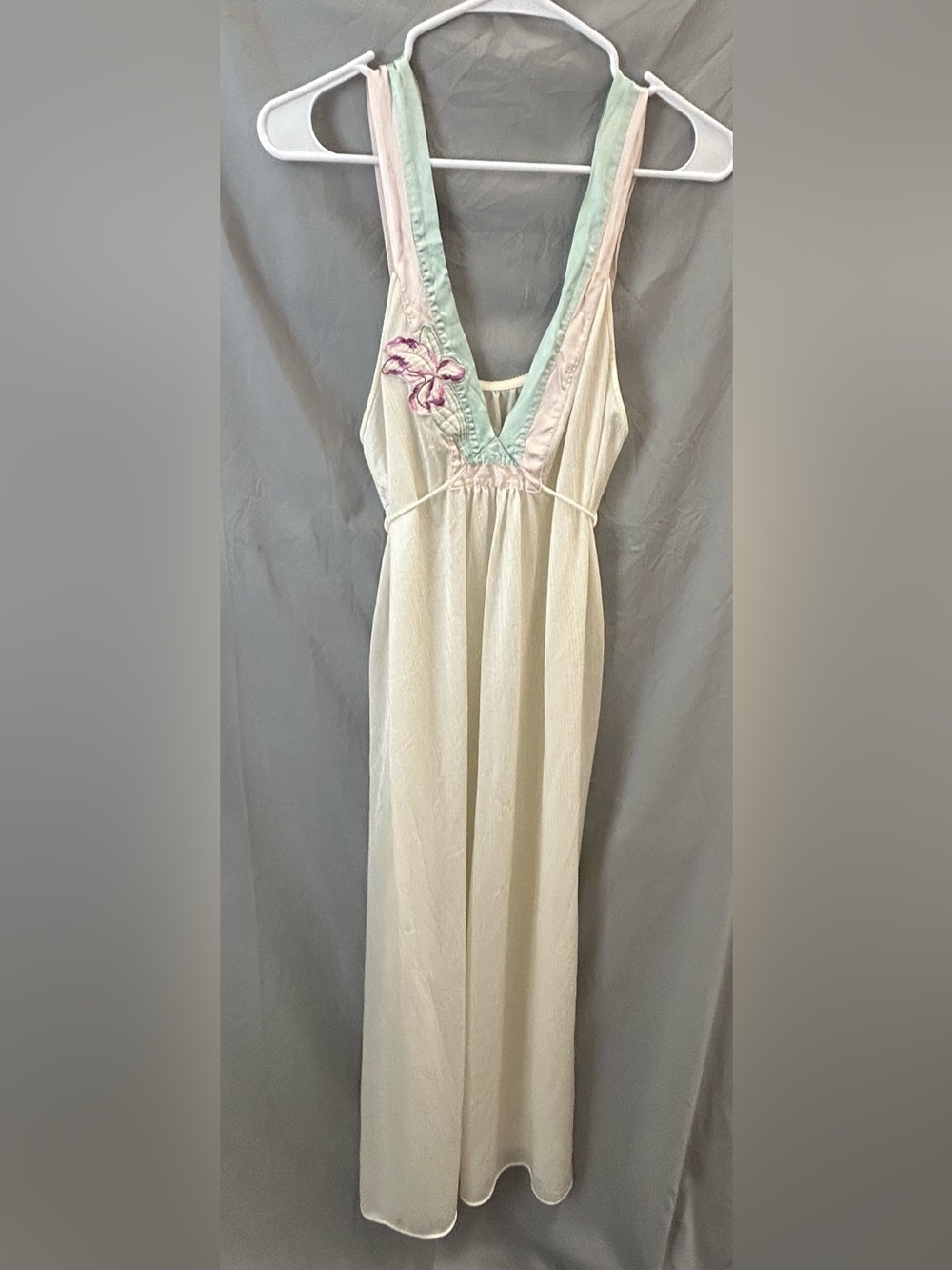 Vintage Val Mode Maxi Slip Dress Medium Plunge Nylon Lingerie Gown Tie Back